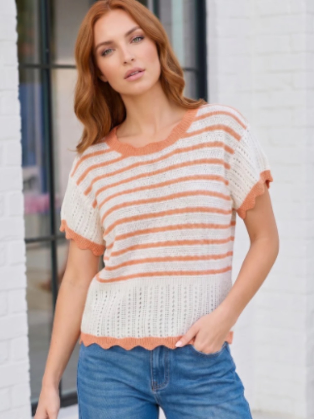 "The Striped Scallop Trim Knit Sweater Top